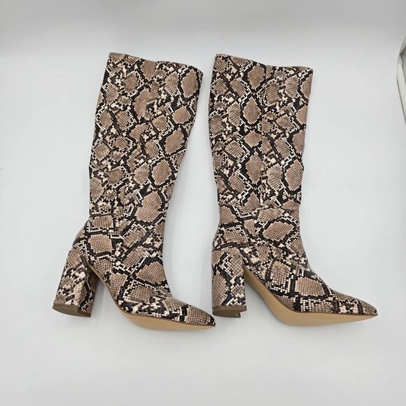 Snake Print Womens Knee-High Boots Size Unknown Brown Faux Leather Block Heel - Picture 2 of 8